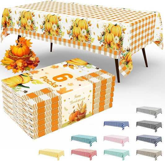 6 Packs Buffalo Disposable Table Cloth, 54 x 108 Inch Waterproof Plastic Tablecloth, Rectangle Pumpkin Orange and White Checkered Table Covers for Picnic, Birthday, Party