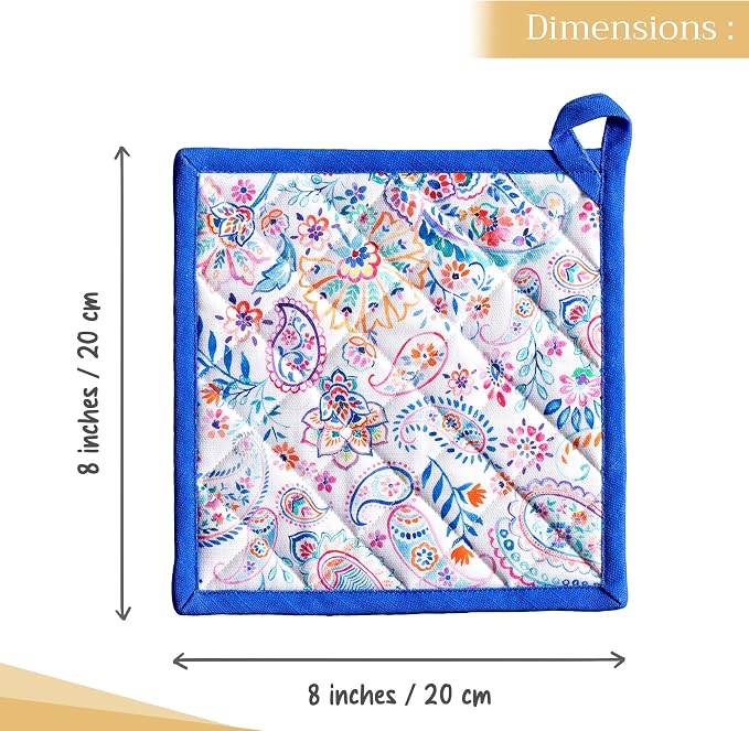 Maison d' Hermine Pot Holders 100% Cotton Potholders (8" x 8", Pack of 1) | Heat Resistant Hot Pads with Loop BBQ Cooking Baking Farmhouse Kitchen Handling Hot Pans Spring Summer - Indian Floral