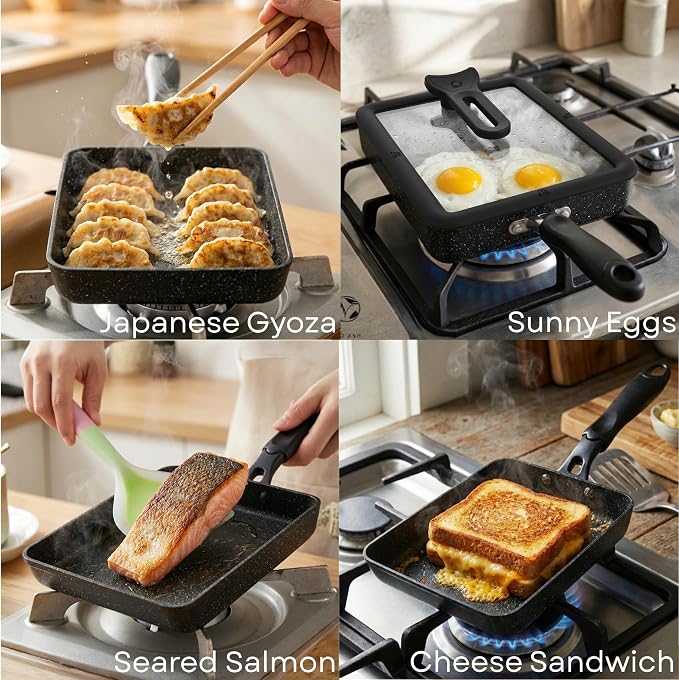 HAPPI STUDIO Tamagoyaki Pan - Japanese Egg Pan with Lid, Square 7x6 Inch | Japanese Omelette Pan For Rolled Omelets - Nonstick Tamago & Square Frying Pan, Induction Ready, Heat-resistant Handle