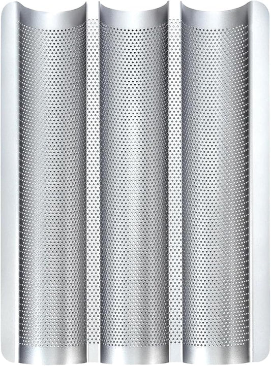 Hesanzol Baguette Pans for Baking 15" x 11", 3 Loaf Carbon Steel French Bread Pan Nonstick Perforated Baguette Baking Tray Silver