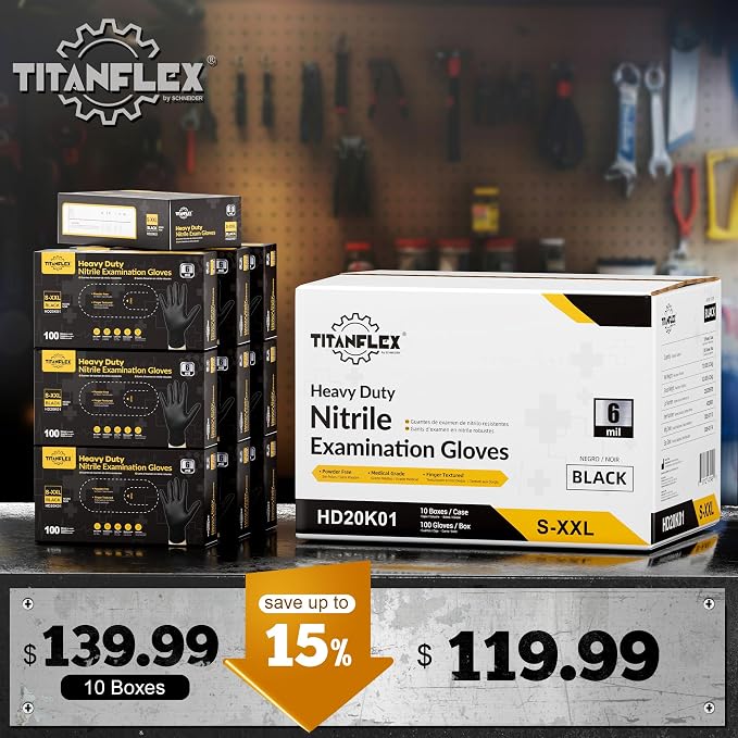 TitanFlex Disposable Nitrile Exam Gloves - 6-mil, Black, Heavy Duty, Latex Free, Food Safe for Cooking