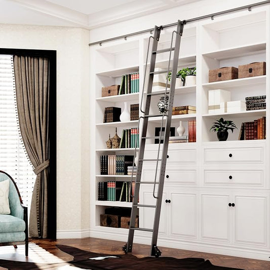 DIYHD 108" Rolling Library Ladder with Handrail, 4FT Sliding Rail, Black | 9-Step lightweight ladder with space-saving upright storage, Telescopic top hooks, Locking bottom rollers, 300lbs capacity
