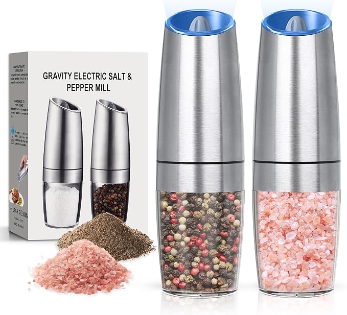 Battery Operated Salt And Pepper Grinder Set with LED Light, Automatic Electric Gravity Salt And Pepper Shakers Set, Each 6 AAA Batteries Needed, Adjustable Roughness, 2 Pack (Silver)