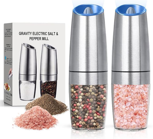 Battery Operated Salt And Pepper Grinder Set with LED Light, Automatic Electric Gravity Salt And Pepper Shakers Set, Each 6 AAA Batteries Needed, Adjustable Roughness, 2 Pack (Silver)