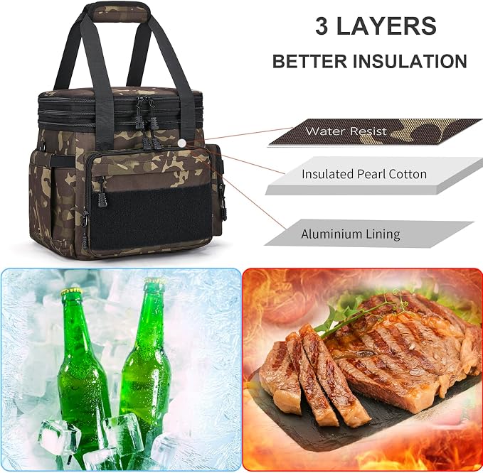 Gafetrey Tactical Lunch Box for Men, Insulated Bag Adult, Thermal Lunchbox Leakproof Waterproof Cooler Bag, Dual Compartment tote, Large Pail Work Office Camping Travel(Black Camo)