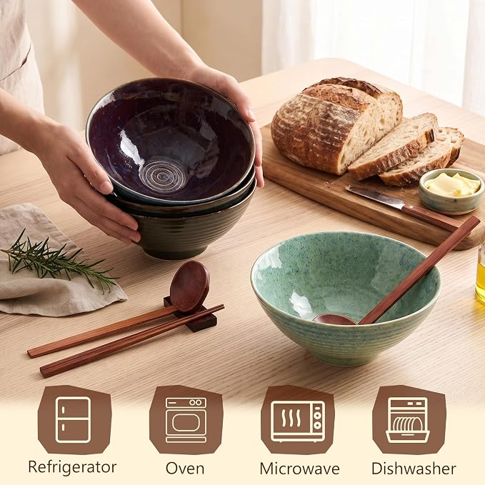 Geiserailie 40oz Ceramic Japanese Ramen Bowls Set of 4, 8 Inch Deep Asian Pho Udon Soup Noodle Bowls with Chopsticks, Spoons & Chopstick Rest -Microwave & Dishwasher Safe(Peacock Green)