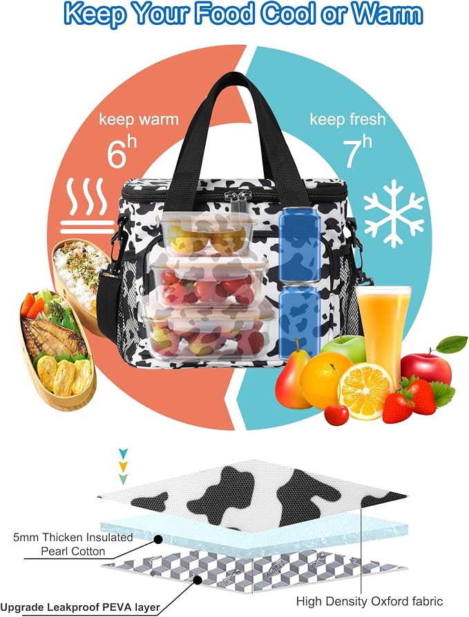 Lunch Bags for Women/Men, Insulated Lunch Bag for Work Office - Lunch Cooler Bag Leakproof Lunch Box with Adjustable Shoulder Strap - Cow print