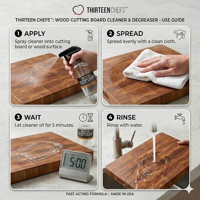 Thirteen Chefs Wood Cutting Board Cleaner - Food Safe Spray for Butcher Blocks and Countertops, Spray Soap for Wooden Surfaces (16oz)