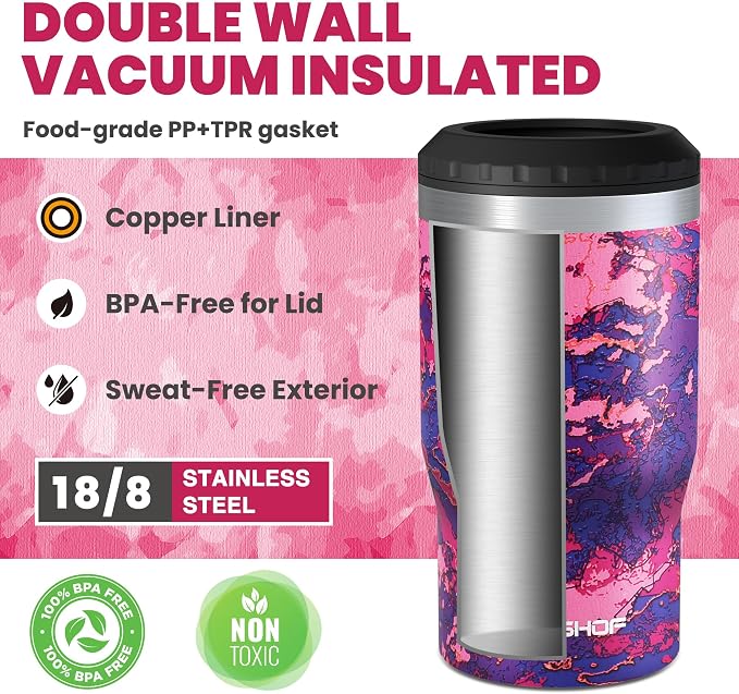 HAUSHOF 4-in-1 Insulated Can Cooler Fits 12oz Cans & Beer Bottle, Camo Red | Double-Wall Vacuum Insulated, 18/8 Stainless Steel, BPA-Free Lid, Slim Can Cooler for Camping, Beach & Picnic