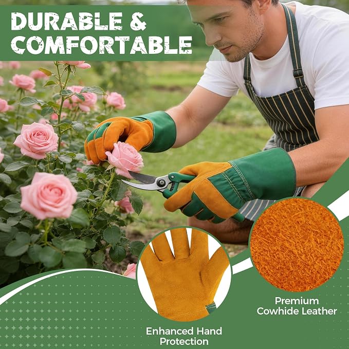 Hovico Gardening Gloves, Rose Pruning Gloves for Men & Women, Breathable Cowhide Leather Gauntlet, Best Garden Gifts & Tools for Gardener