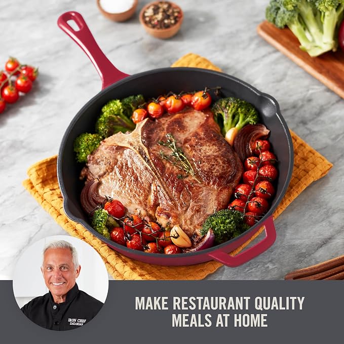 DASH Zakarian x Nonstick Cast Iron Skillet - Versatile Frying Pan Cookware - Oven-Safe Searing Skillet with Pour Spout and Quick-Clean Surface - Rust-Resistant - Cranberry, 11-Inch