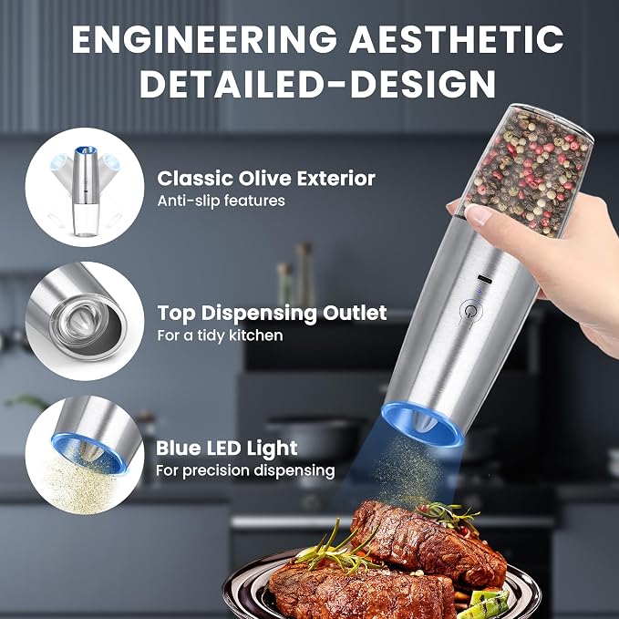 UNNEES Rechargeable Electric Salt and Pepper Grinder set of 2, gravity electric salt and pepper grinder set, Adjustable Roughness, LED Light, 2 Pack, (Silver)