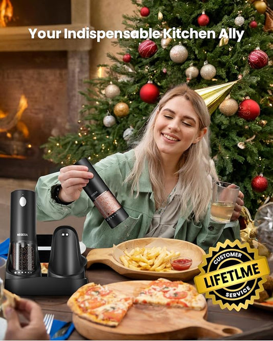 Electric Salt and Pepper Grinder Set with Rechargeable Base - Automatic Refillable Electric Salt and Pepper Shakers with Large Capacity, LED Light & Adjustable Coarseness, Black