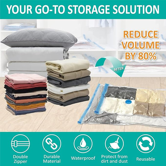 16 Pack Vacuum Storage Bags, Space Saver Bags (2Jumbo/2Large/3Medium/3Small/6Roll) Compression Storage Bags for Comforters and Blankets, Vacuum Sealer Bags for Clothes Storage, Hand Pump Included