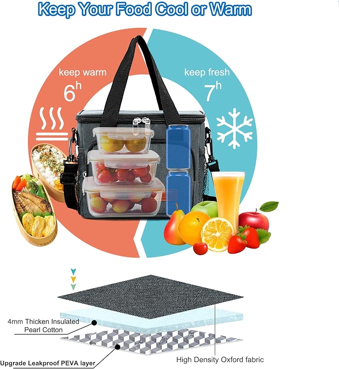 Lunch Bags for Women/Men, Insulated Lunch Bag for Work Office Picnic - Lunch Cooler Bag Leakproof Lunch Box with Adjustable Shoulder Strap - Charcoal