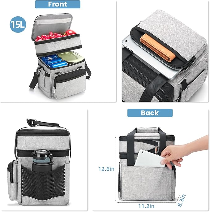 holuxer Insulated Lunch Bag & Lunch Box for Men - Double Deck Reusable Lunch Bag for Women Tote Cooler Bag Leakproof Soft Expandable - Large Lunchbox for Work/Adult/Picnic/Outdoor (Gray，15L)