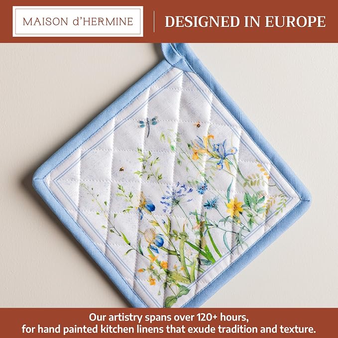 Maison d' Hermine Pot Holders 100% Cotton Potholders (8" x 8", Pack of 1) | Heat Resistant Hot Pads with Loop BBQ Cooking Baking Farmhouse Kitchen Handling Hot Pans Spring Summer - Fleurs De Mai