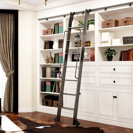 DIYHD 87" Rolling Library Ladder with Handrail, 4FT Sliding Rail, Black | 7-Step lightweight ladder with space-saving upright storage, Telescopic top hooks, Locking bottom rollers, 300lbs capacity