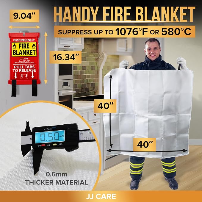 JJ CARE Fire Blanket – 10 Packs with Hooks and Gloves – 40” x 40” Fire Blankets Emergency for Home and Kitchen, High Heat Resistant and Flame Protection for Kitchen, Car, Office, Camping & Home Safety