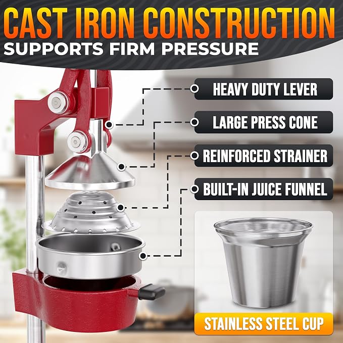 Cast Iron Juicer Hand Press, Heavy-Duty Squeezer, 304 Stainless Steel Bowl – One Pull Extracts Full Juice – Manual Citrus Press Juicer & Orange Squeezer for Lemon, Lime & Lemonade at Home Bar (Red)