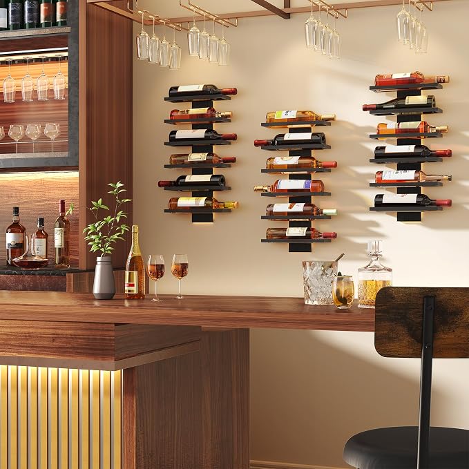 Hoctieon 3-Set 6 Tier Wall Mount Wine Rack, Wall Mounted Wine Bottle Racks for Display and Storage, Hanging Bottle Holder, for Living Room, Dining Room, Bar, Wine Cellar, Black