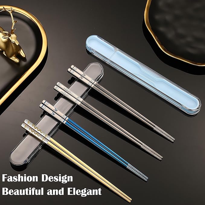 Portable Chopsticks, Reusable Metal Stainless Steel, Black Eagle | 1 Pair, Travel Chopsticks with Case, Titanium Plated, Dishwasher Safe
