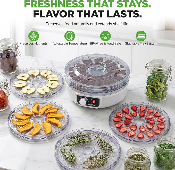NutriChef Food Dehydrator - Dehydrate Beef Jerky, Meat, Mushrooms, Fruits & Vegetables at Home | Utilizes High-Heat Circulation for Even Dehydration | Includes 5 Easy-to-Clean Trays | White