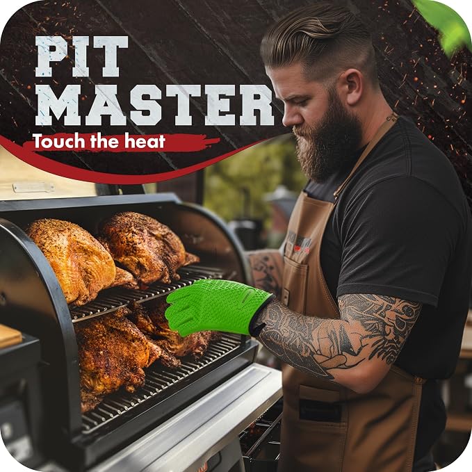 KITCHEN PERFECTION XL Silicone Smoker BBQ Gloves -Heat Resistant Oven Mitts | Waterproof, 5-Finger Design For A Better Grip, for Pitmasters, Meat Smoking, Grilling, Cooking, Frying Turkey | Grill Gift