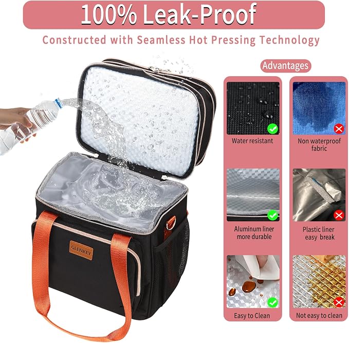 GLENKEY Expandable Lunch Box Cooler Bag - Insulated Soft Lunch Bag for Men Women - Large Lunchbox for Adults Work Camping Outdoor Travel Black Brown 16L