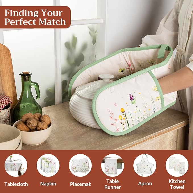 Maison d' Hermine Double Oven Mitts 100% Cotton Double Oven Glove (7"x35") | Heat Resistant BBQ Cooking Gloves with Loop Baking Grilling Kitchen Hotel Home Farmhouse Spring Summer - Botanical Fresh