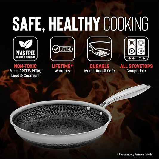 Hell's Kitchen Hybrid 9.5" Frying Pan, Tri-Clad Stainless Steel and Nonstick Ceramic PFAS Free, no PFOA, no PTFE, no Teflon, Non Toxic Cookware, Metal Utensil Safe, All Cooktops, Oven Safe