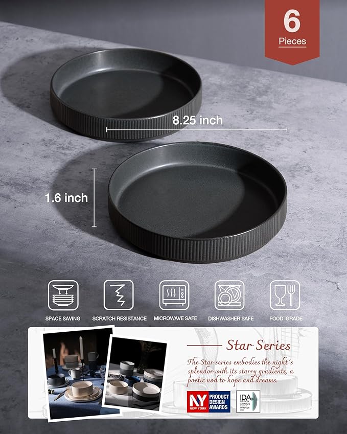 famiware Star 8.25" Pasta Bowls, Large Dinner Bowls Set of 6, Salad Bowl Plates, Shallow Bowls for Eating, Matte Dark Charcoal (Full Glaze)