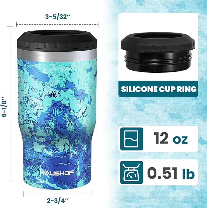 HAUSHOF 4-in-1 Insulated Can Cooler Fits 12oz Cans & Beer Bottle, Camo Blue | Double-Wall Vacuum Insulated, 18/8 Stainless Steel, BPA-Free Lid, Slim Can Cooler for Camping, Beach & Picnic