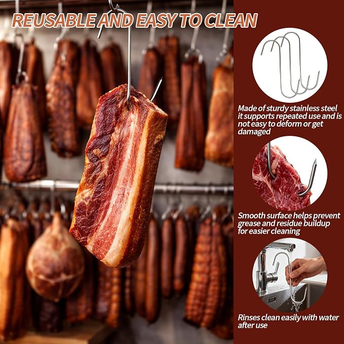 Meat Hooks, 5.12in Stainless Steel Butcher Hooks, Sausage Pricker for Smoker, Drying, Butchering, BBQ, Grilling (10PCS)