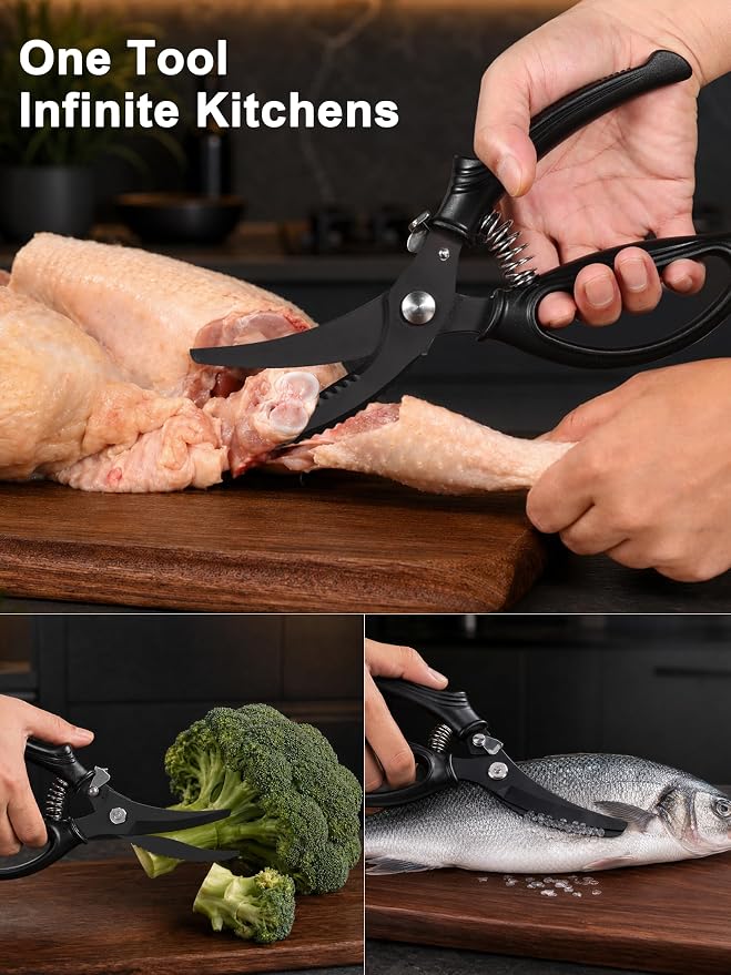 Poultry Shears, Kitchen Shears with Spring Loaded, Heavy Duty Poultry Scissors for Meat, Chicken,Turkey, Anti-Slip Handle,Safety Lock,Dishwasher Safe(Black)