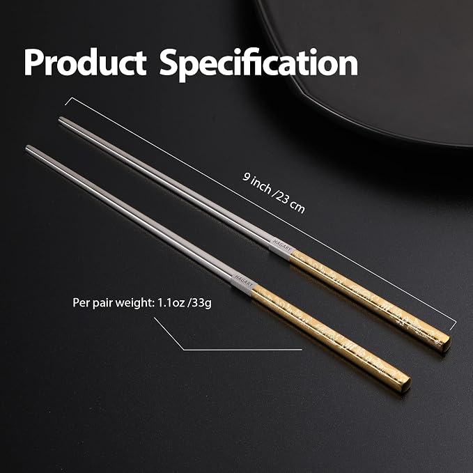 Hagary Tiger Chopsticks Metal Chopsticks Reusable Designed In Korea Japanese Style Stainless Steel 316 18/10 Non-Slip Dishwasher Safe Laser Etched (Gold - 2 Pairs)