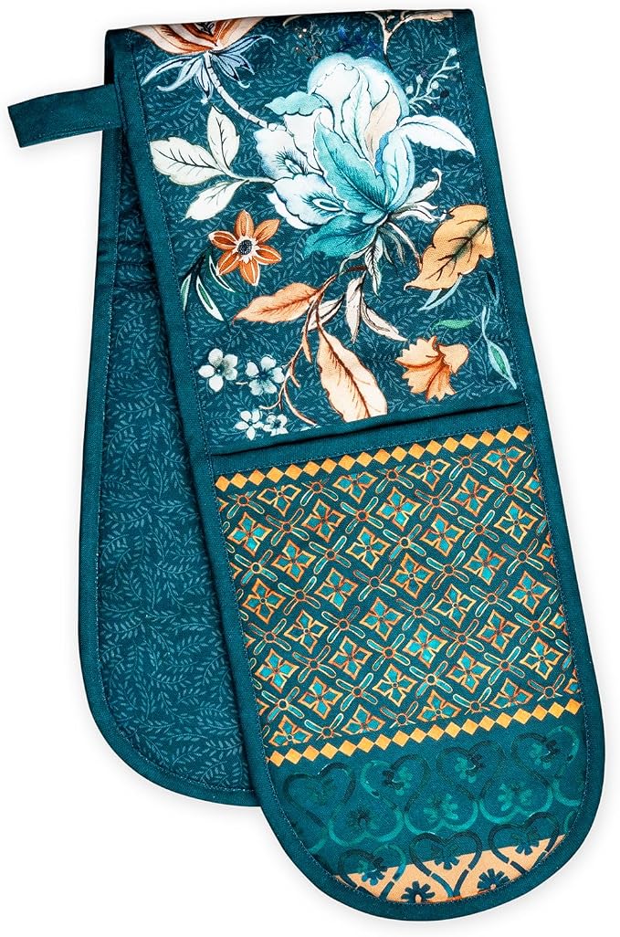 Maison d' Hermine Double Oven Mitts 100% Cotton Double Oven Glove (7"x35") | Heat Resistant BBQ Cooking Gloves with Loop Baking Kitchen Home Farmhouse Thanksgiving Christmas - Luxury Loft - Dark Teal