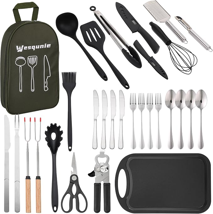 Wesqunie Silicone Cooking Utensils Set, Cookware Set for Outdoor Camping | Portable Camping Essentials, Stainless Steel Cookware Kit, Compact Storage for Camper, RV, Outdoor Picnic Grill Cooking