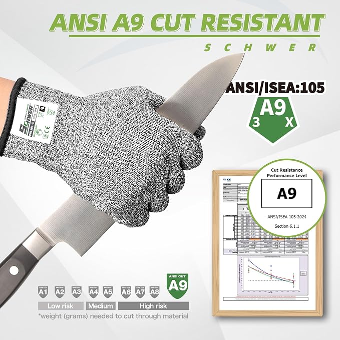Schwer SlicePro ANSI A9 Cut Resistant Gloves, Food Grade Cutting Gloves for Kitchen Food Prep, Mandoline Gloves for Meat Cutting, Oyster Shucking, Fish Fillet Processing, PR1501-G, 2 Pairs, M