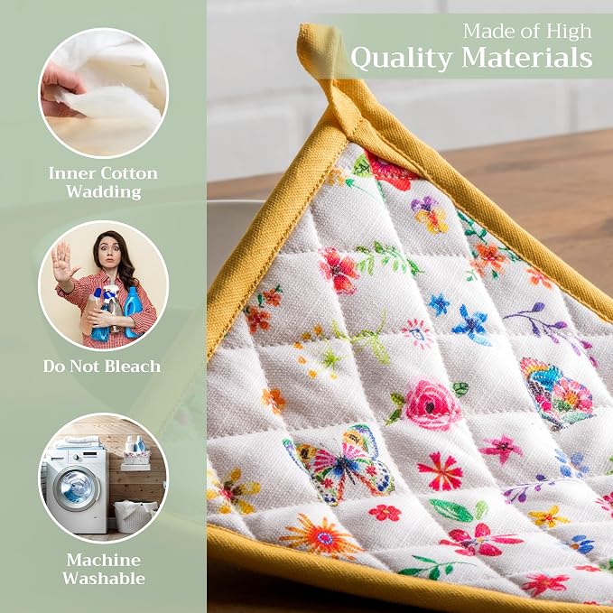 Maison d' Hermine Pot Holders 100% Cotton Potholders (8" x 8", Pack of 2) | Heat Resistant Hot Pads with Loop BBQ Cooking Farmhouse Kitchen Handling Hot Pans Spring Summer - Happy Florals - Sweety