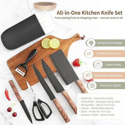 Knife Set, 7-Piece Kitchen Knife Set with Sharp Chef and Meat Knives, Anti-Rust Utility Knives Set for Kitchen, Kitchen Knife Block Set – Black