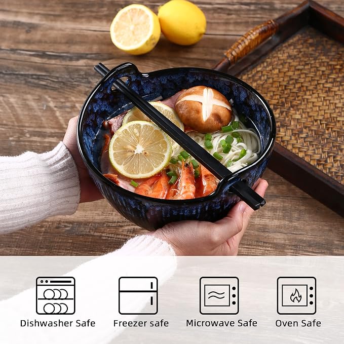 Ramen Bowl with Chopsticks and Spoons Set, 7 Inch Ceramic Noodle Bowl Set of 2, Donburi Bowl Dishwasher Safe for Pho Udon Soba Noodle Salad Pasta, Special Reactive Glazed Navy Bowls Set