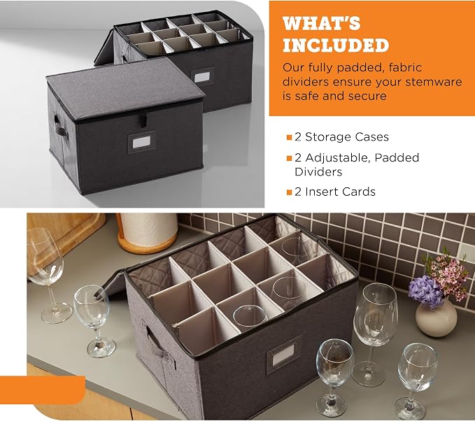 storageLAB Wine Glass Storage Cases | Hard Shell Felt Dividers | 2 Pack | 2-pack - each hard shell case holds 12 wine glasses in 4x4 felt compartments. Stackable, top-load. 24 glasses total.