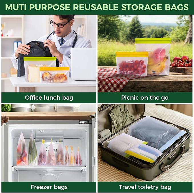 SPLF 10 Pack Stand-Up Reusable Food Storage Bags Dishwasher Safe | BPA Free Reusable Freezer Bags, Extra Thick Leakproof for Meal Prep, Sandwich, Bread, Veggies - 3 Gallon 4 Quart 3 Snack