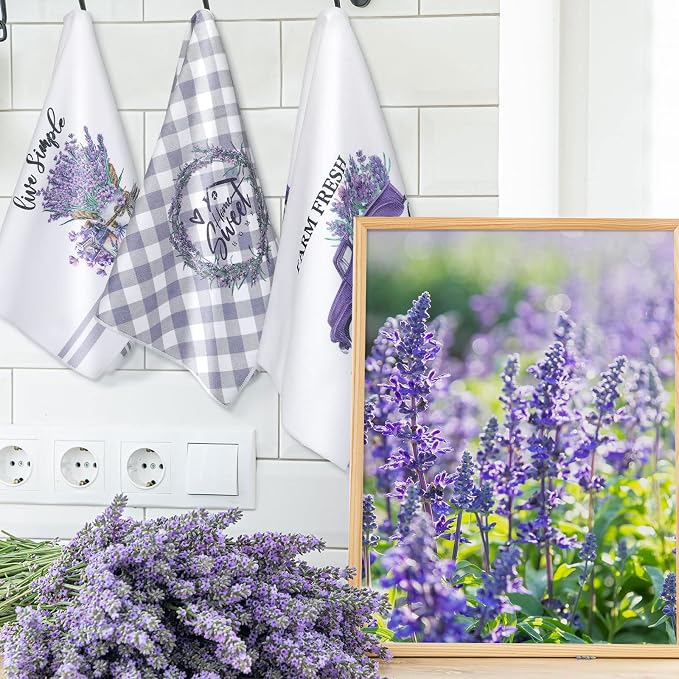 Boyiee 6 Set Lavender Kitchen Towels Purple Floral Dishcloth | Rustic Absorbent Purple Tea Hand Towels, 24 x 16 Inches Lavender Lover Gifts for Farmhouse Kitchen Bathroom Accessories Decor