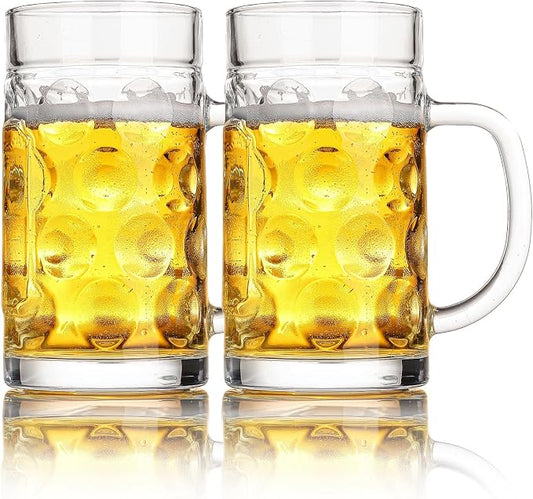 Freezer Beer Mugs, 20 oz Large Heavy Glass Mugs with Handles Set of 2, Clear Large Beer Steins for Tea, Coffee Glasses Oktoberfest Style for Dad Husband or Friend