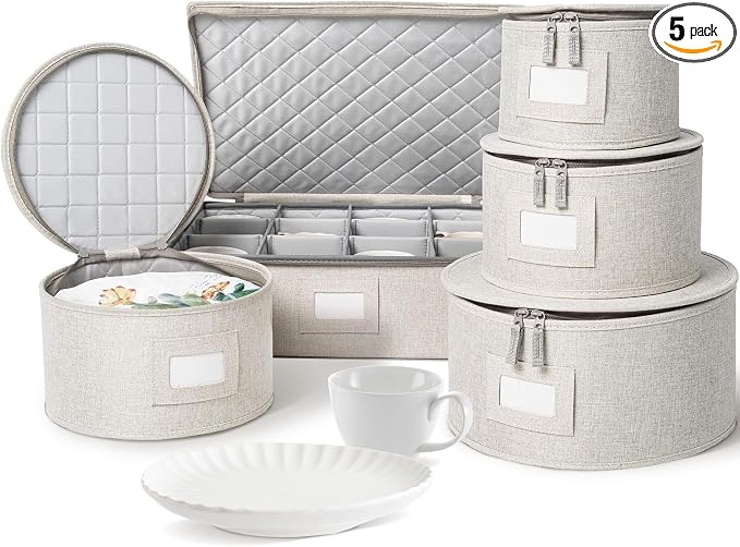 storageLAB China Storage Containers, Containers for Organizing, Hard Shell Case, Felt Plate Dividers, Moving Supplies, Storage Box, Wine, Dishes, Glasses Storage, Charger Plates Storage Containers | 5-piece quilted set for 12 - 4 plate cases + mug case...