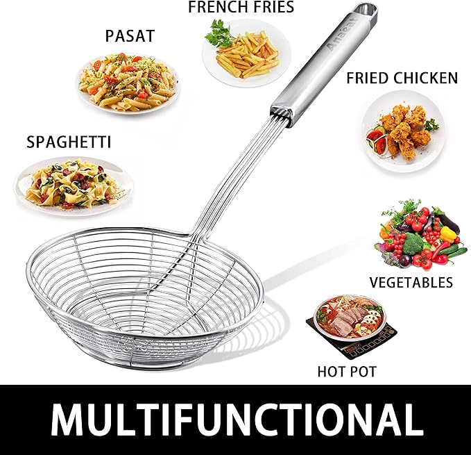 Anaeat Stainless Steel Spider Strainer Skimmer - Solid Kitchen Strainer Ladle with Long Handle for Cooking and Frying, Reinforced Double Coil Slotted Spoons for Pasta, Noodle, Spaghetti (5.5 Inch)
