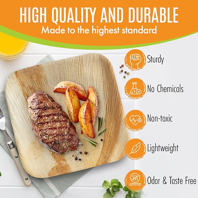 Raj Palm Leaf Plates Bulk [50-Pack] 10" & 7" Square Plates (100 CASES - 5000 PACK) like Bamboo plates Disposable, Strong, Decorative Compostable Tableware for weddings, Lunch, Dinners