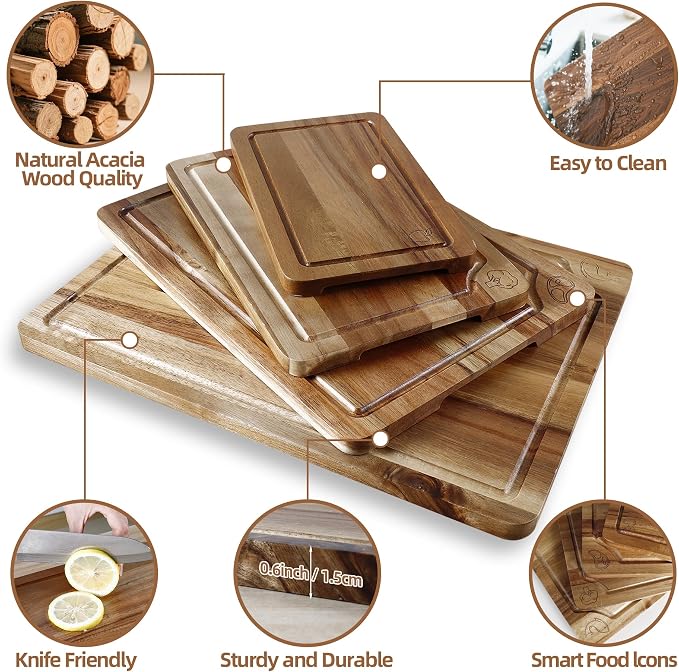 Labeled Cutting Board Set of 4, Wood Chopping Boards with Food Icons | Charcuterie Board Serving Tray with Juice Groove & Handles, Ideal for Meat, Vegetables, Fruits, Cheese
